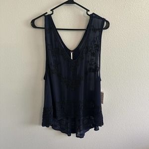 Free‎ People Navy Blue Sheer Beaded Run With It Cropped Top size M Chiffon NWT